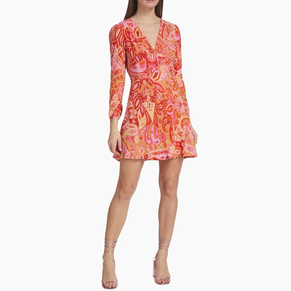 Rixo Jules Abstract Print Mini Dress 100% Silk Paisley Pink Retro Hippie Boho XL